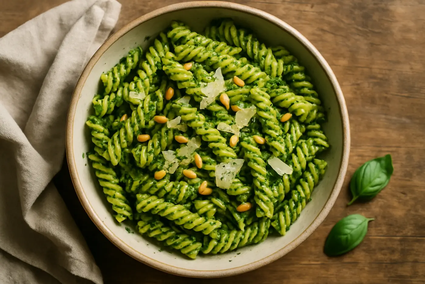 Basil Pesto Pasta with Toasted Pine Nuts