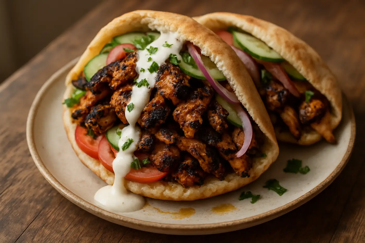 Chicken Shawarma Pitas with Garlic Yogurt Sauce