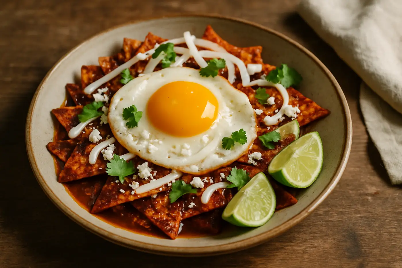 Chilaquiles Rojos with Fried Eggs and Cotija