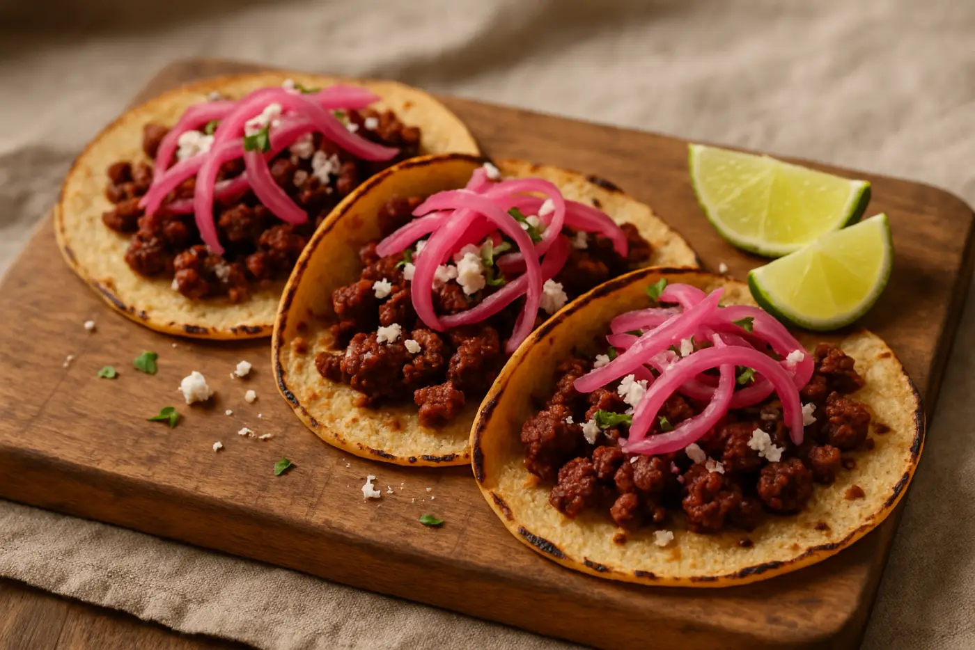 Crispy Ground Beef Tacos with Pickled Onion