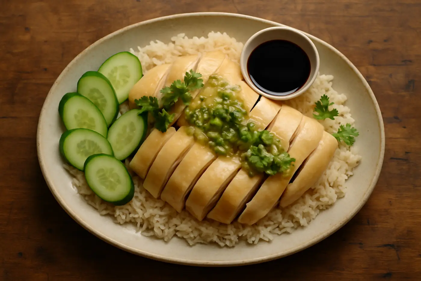 Hainanese-Style Poached Chicken with Ginger-Scallion Rice