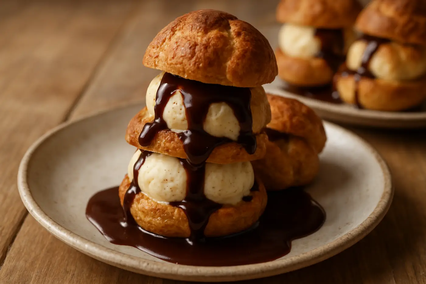 Profiteroles with Vanilla Ice Cream and Hot Fudge
