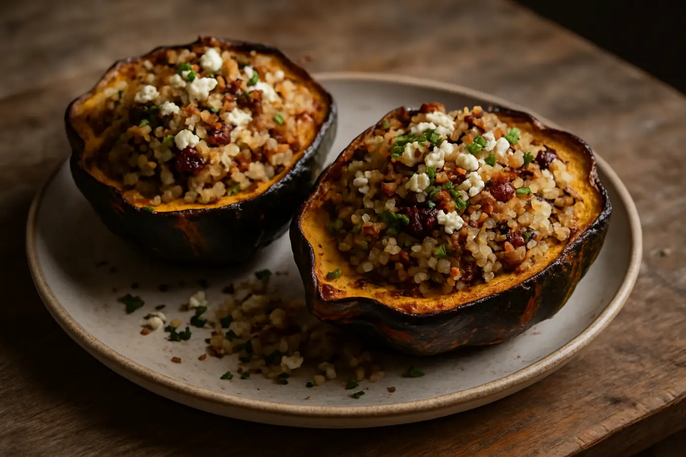Quinoa-Stuffed Acorn Squash with Cranberries and Pecans